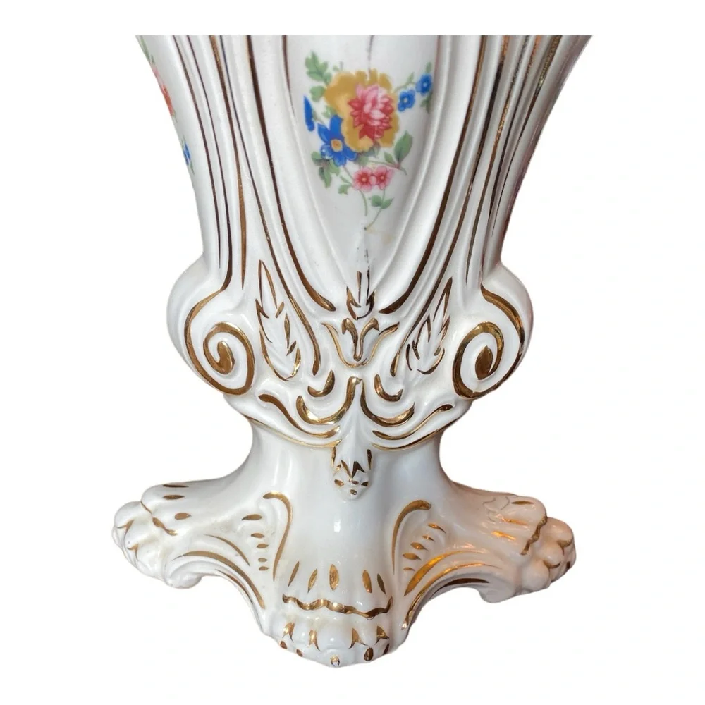 Vtg Paul's Gifts USA 9949 Victorian Fan Vase Ceramic Gold Gilt Floral Planter